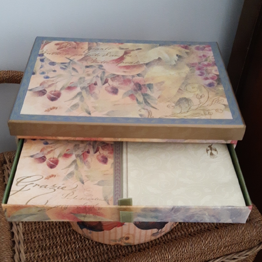 Cream Stationary Box with Floral Pattern and Two Drawers